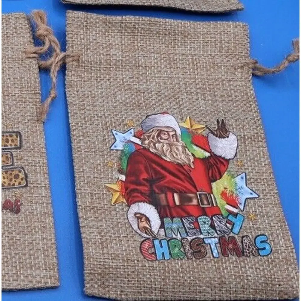 12 Christmas Drawstring Bags 6”x4” Mini Candy Burlap Bags. New